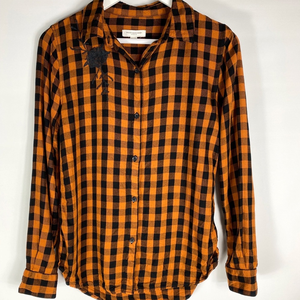 Beach Lunch Lounge Orange Black Plaid Button Front Shirt Top Women Size XS